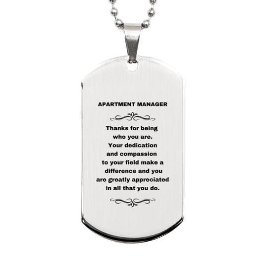 Apartment Manager Silver Dog Tag Engraved Necklace - Thanks for being who you are - Birthday Christmas Jewelry Gifts Coworkers Colleague Boss - Mallard Moon Gift Shop