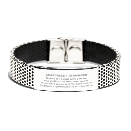 Apartment Manager Silver Shark Mesh Stainless Steel Engraved Bracelet - Thanks for being who you are - Birthday Christmas Jewelry Gifts Coworkers Colleague Boss - Mallard Moon Gift Shop