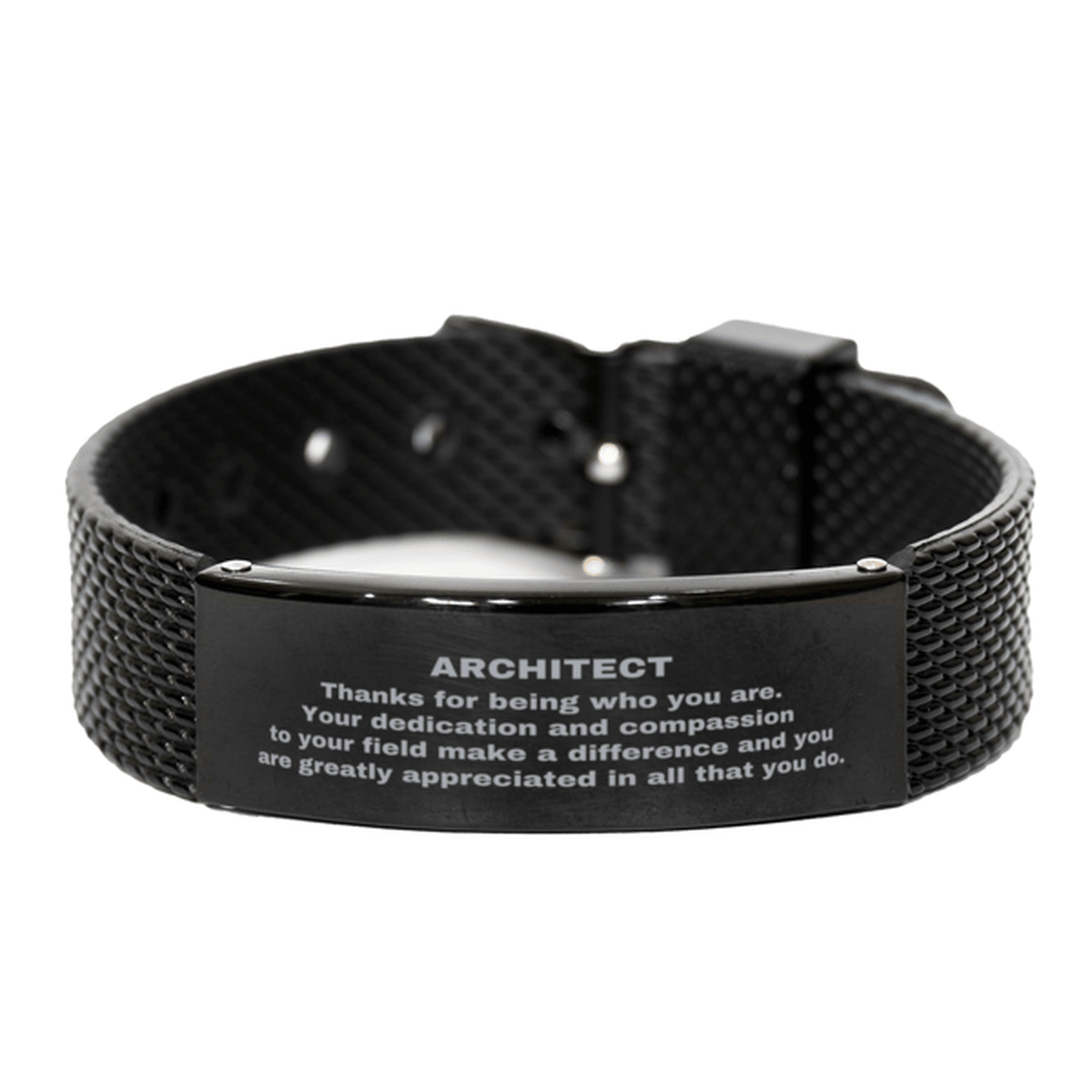 Architect Black Shark Mesh Stainless Steel Engraved Bracelet - Thanks for being who you are - Birthday Christmas Jewelry Gifts Coworkers Colleague Boss - Mallard Moon Gift Shop