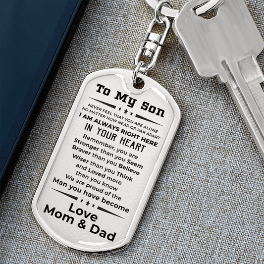 Gift for Adult Son Military Dog Tag Style Engraved Keychain Mom and Dad - Mallard Moon Gift Shop