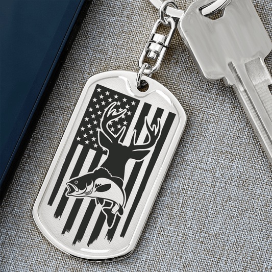 Hunting and Fishing Distressed American Flag Custom Engraved Keychain - Mallard Moon Gift Shop
