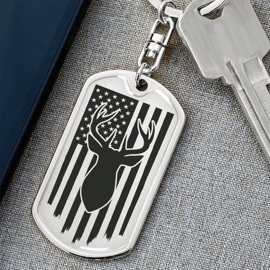 Deer Hunter American Flag Keychain Personalized Engraved Back - Mallard Moon Gift Shop
