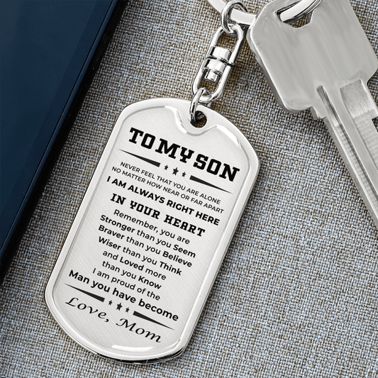 Gift for Adult Son Love Mom Military Style Dog Tag Engraved Keychain - Mallard Moon Gift Shop