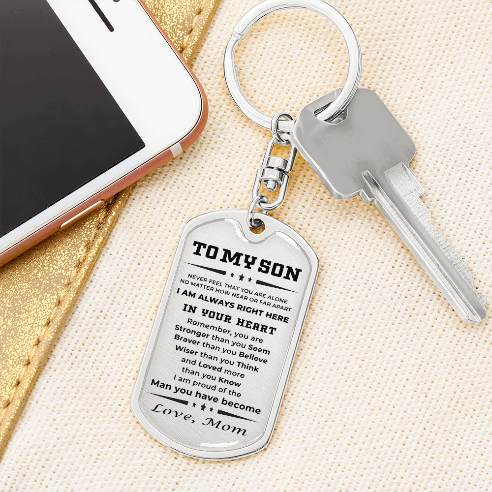 Gift for Adult Son Love Mom Military Style Dog Tag Engraved Keychain - Mallard Moon Gift Shop