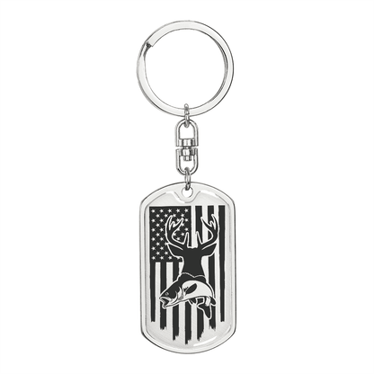 Hunting and Fishing Distressed American Flag Custom Engraved Keychain - Mallard Moon Gift Shop