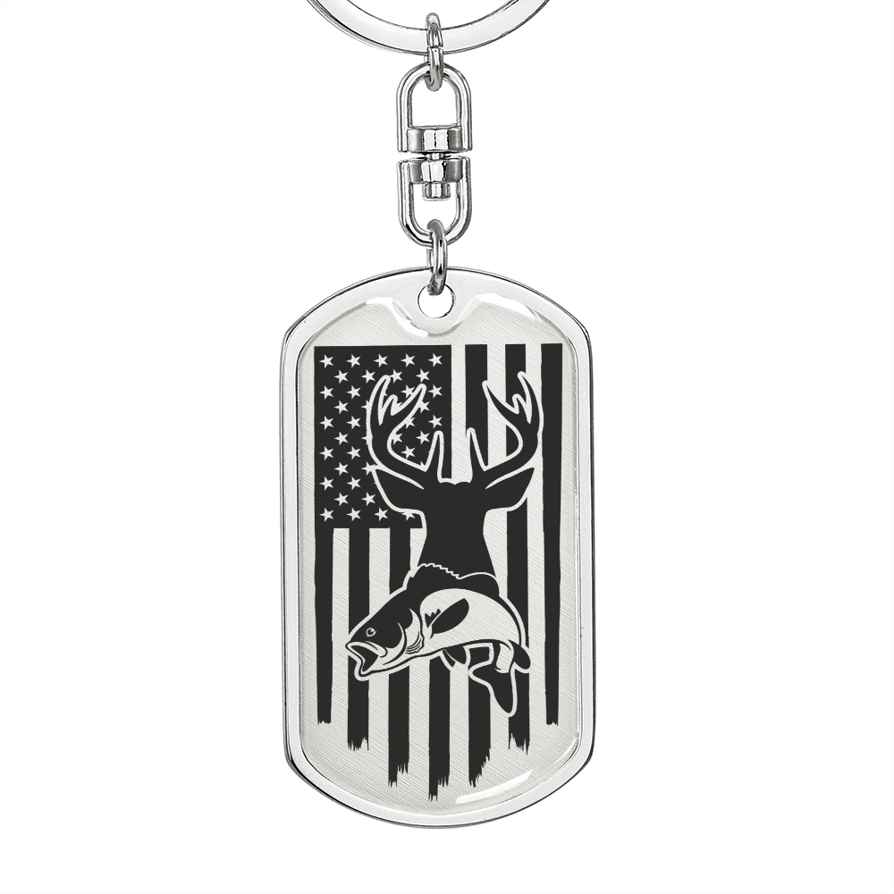 Hunting and Fishing Distressed American Flag Custom Engraved Keychain - Mallard Moon Gift Shop