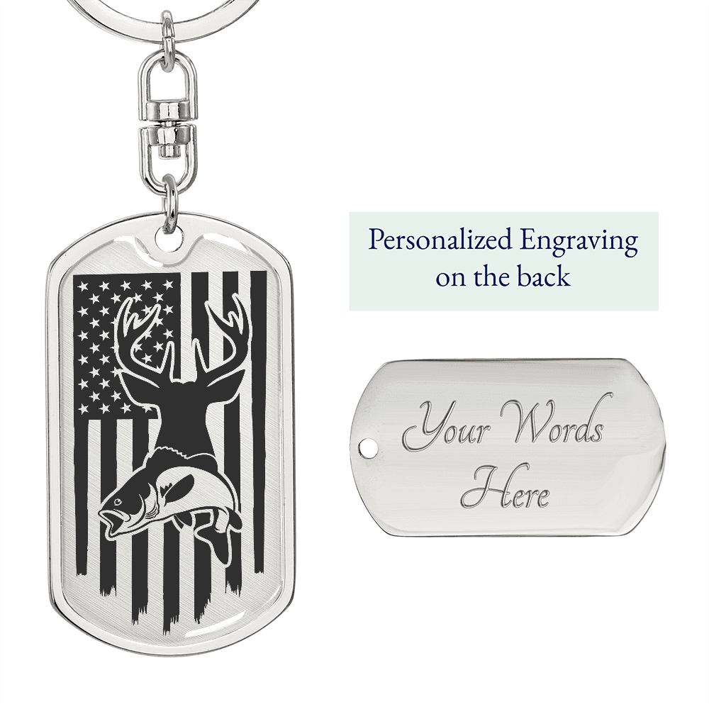 Hunting and Fishing Distressed American Flag Custom Engraved Keychain - Mallard Moon Gift Shop