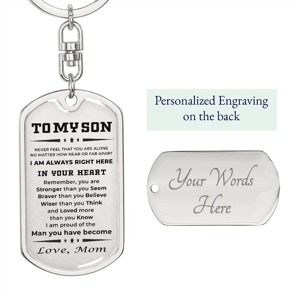 Gift for Adult Son Love Mom Military Style Dog Tag Engraved Keychain - Mallard Moon Gift Shop