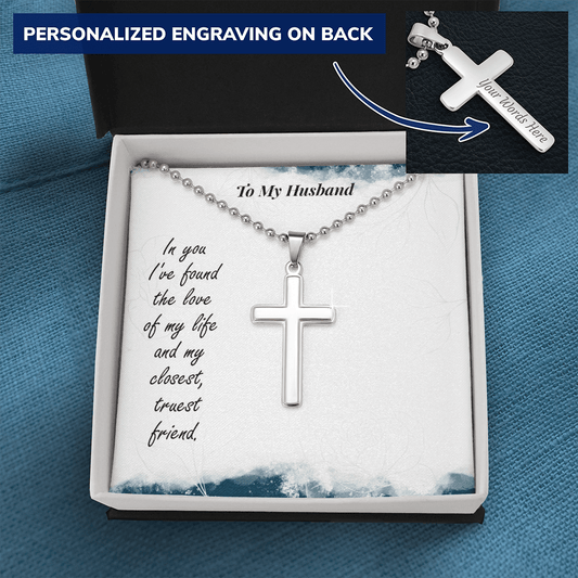 Gift for Husband - Love of my Life - Engraved Back Cross Pendant Necklace - Mallard Moon Gift Shop