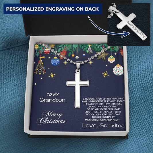 Grandson Personalized Christmas Cross Pendant Necklace - Mallard Moon Gift Shop
