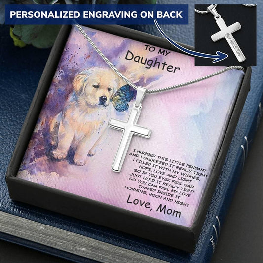 Daughter Personalized Cross Pendant Necklace with Cute Puppy Message Card and Gift Box - Mallard Moon Gift Shop