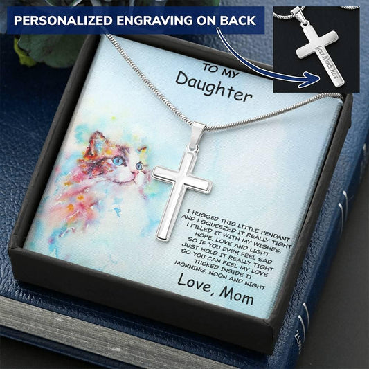 Daughter Personalized Cross Pendant Necklace with Cat Message Card and Gift Box - Mallard Moon Gift Shop