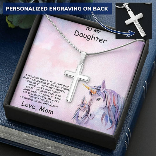 Daughter Personalized Cross Pendant Necklace with Unicorn Message Card and Gift Box - Mallard Moon Gift Shop