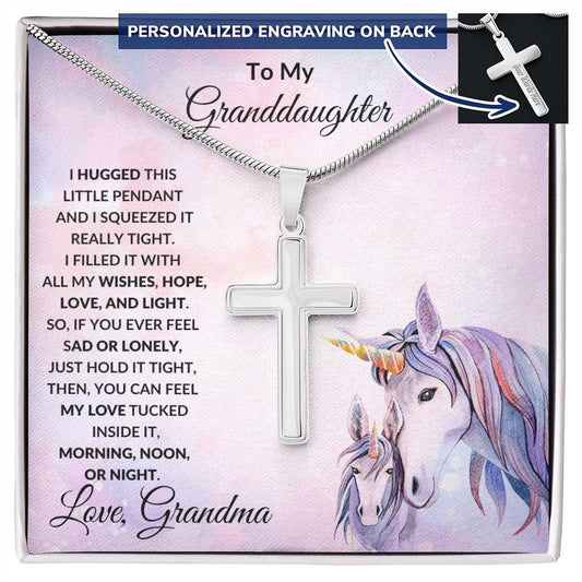 Gift for Granddaughter Personalized Cross Necklace Unicorn Message Card - Mallard Moon Gift Shop