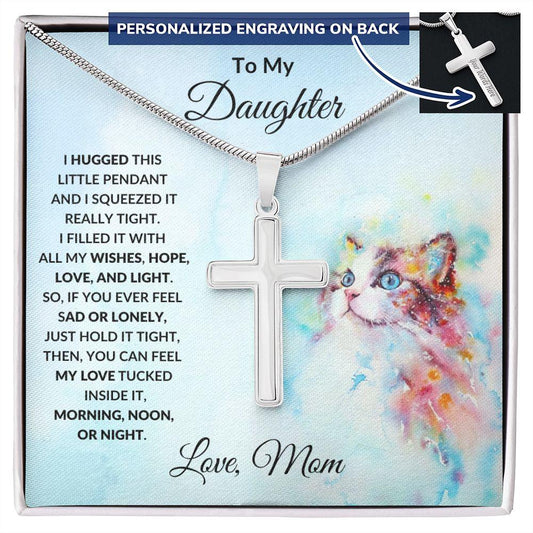 To My Daughter Love Mom Engraved Cross Necklace - Mallard Moon Gift Shop