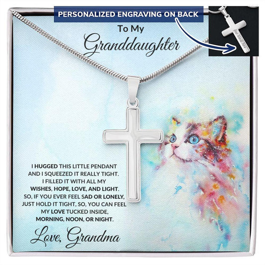 Granddaughter Gift Hugs Love Grandma Personalized Cross Pendant - Mallard Moon Gift Shop