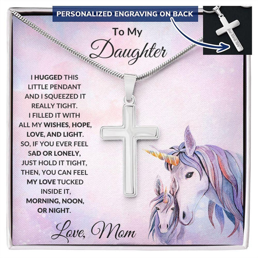 To My Daughter Engraved Cross Necklace Unicorn Message Card - Mallard Moon Gift Shop