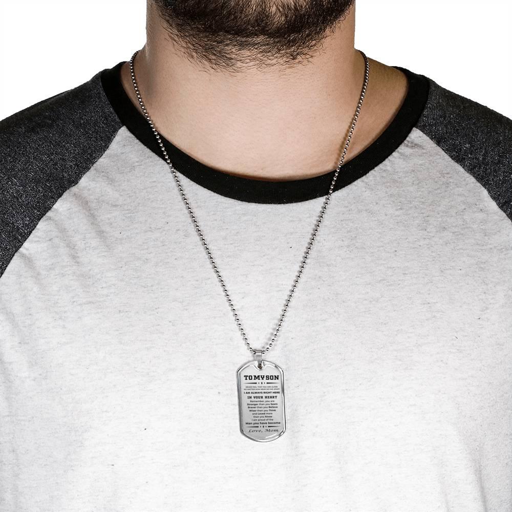 Gift for Adult Son from Mom Personalized Military Dog Tag Style Pendant Necklace with Engraved Back - Mallard Moon Gift Shop