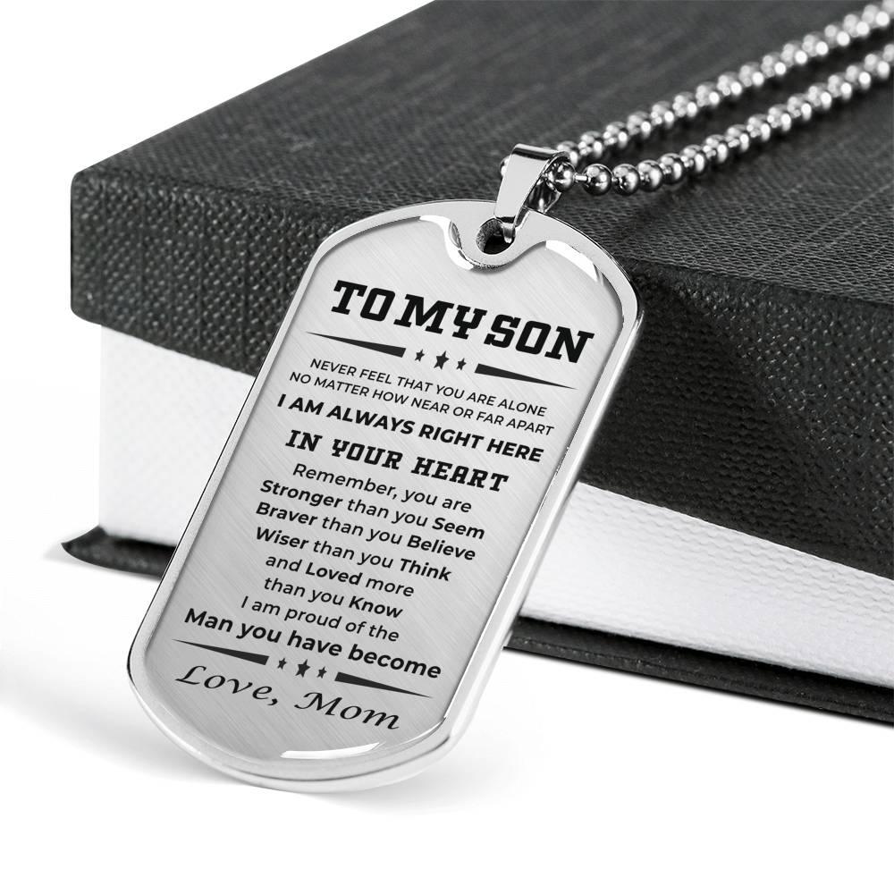 Gift for Adult Son from Mom Personalized Military Dog Tag Style Pendant Necklace with Engraved Back - Mallard Moon Gift Shop