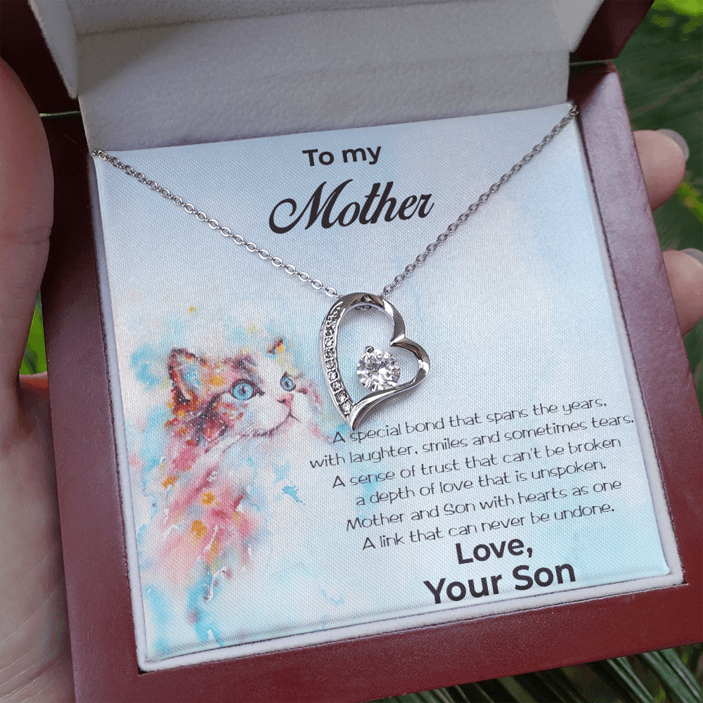 Gift for Mother From Son Forever Love Heart Pendant Necklace Cat Message Card - Mallard Moon Gift Shop