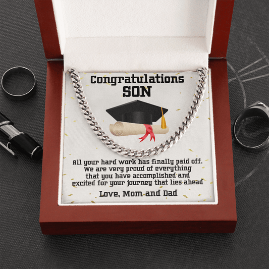 Son Graduation Link Chain Necklace Congratulations Love Mom and Dad - Mallard Moon Gift Shop