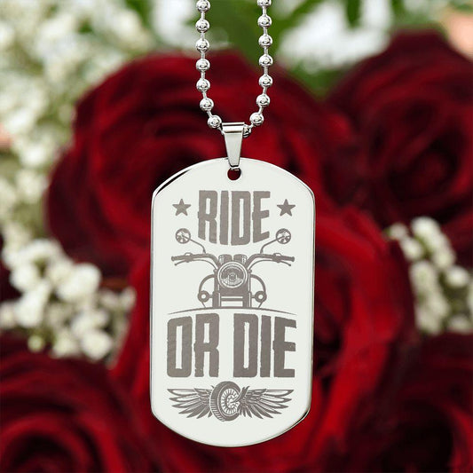 Gift for Biker Ride Or Die Engraved Dog Tag Necklace - Mallard Moon Gift Shop