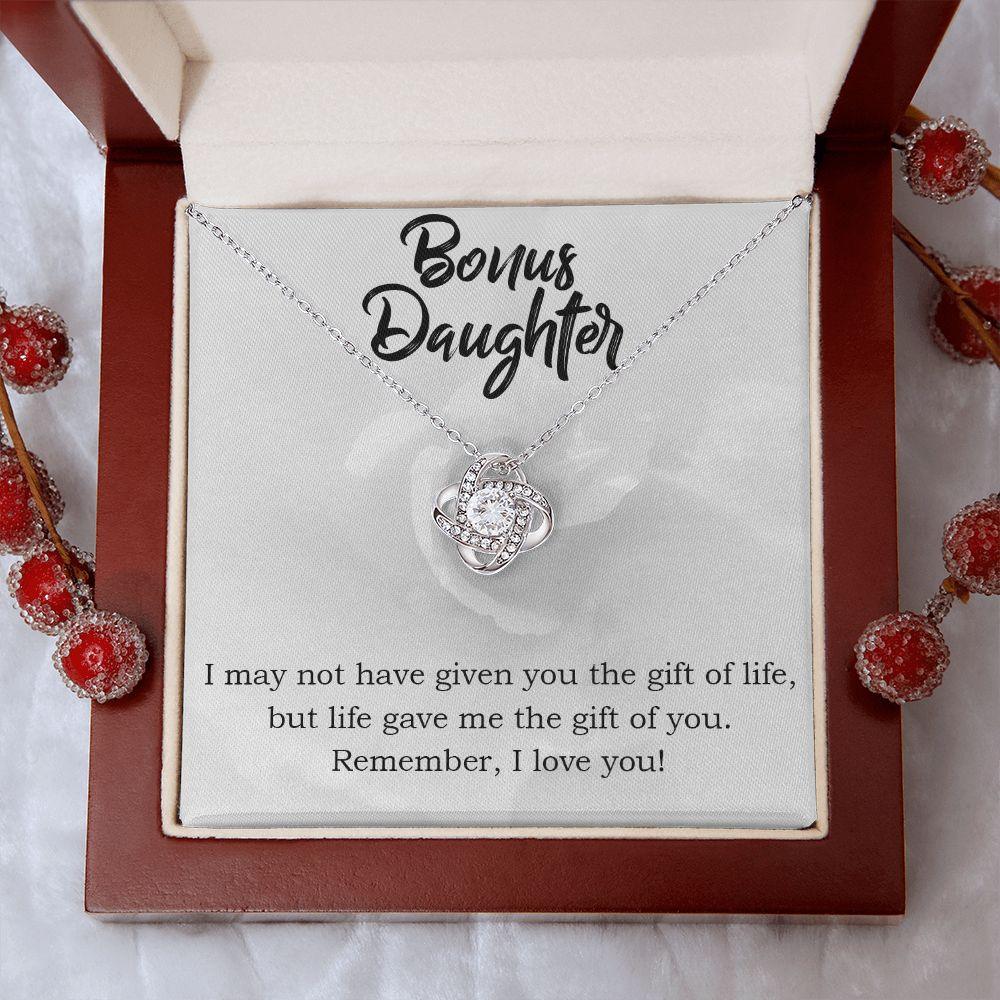 Gift for Bonus Daughter - Gift of Life - Love Knot Necklace Message Card Gift Box - Mallard Moon Gift Shop