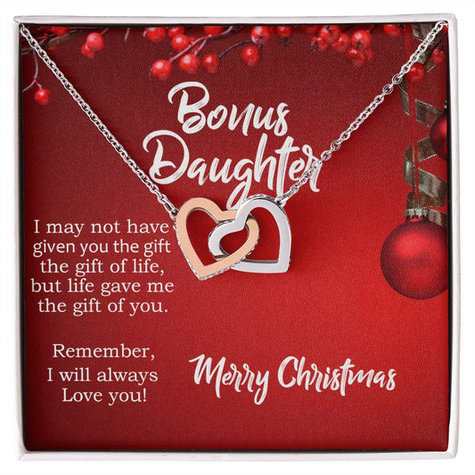 Christmas Gift for Bonus Daughter - Gift of Life - Interlocking Hearts Necklace with Message Card Gift Box - Mallard Moon Gift Shop