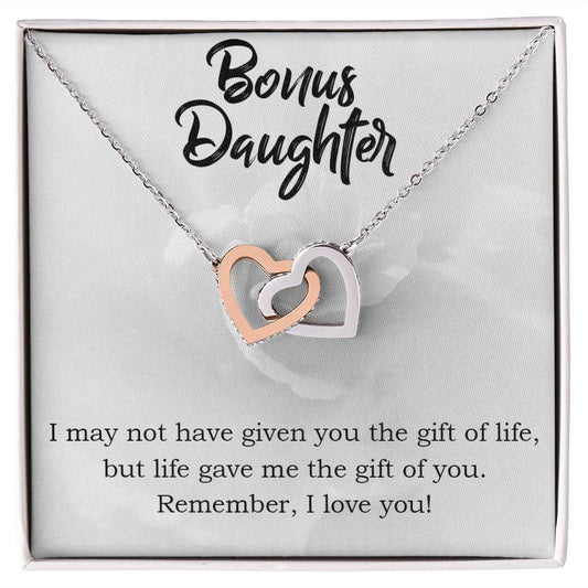 Gift for Bonus Daughter - Gift of Life - Interlocking Hearts Necklace Message Card Gift Box - Mallard Moon Gift Shop