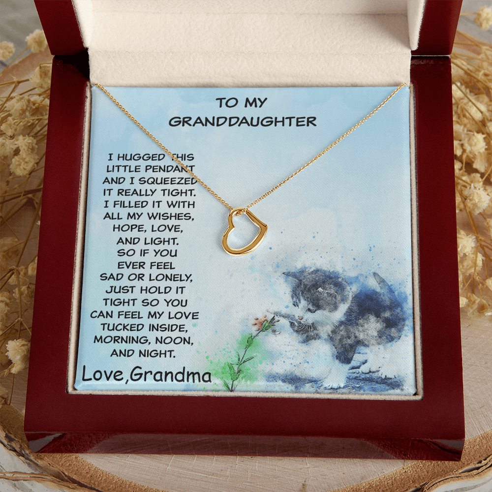 Granddaughter Heart Pendant Necklace Love Grandma with Playful Kitten Message Card - Mallard Moon Gift Shop
