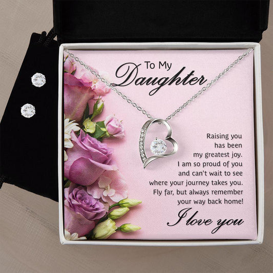 To My Daughter- Raising You My Greatest Joy Forever Love Heart Pendant Necklace and Earring Set - Mallard Moon Gift Shop