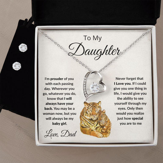 To My Daughter Love Dad Forever Love Heart Pendant Necklace and Earring Set - Mallard Moon Gift Shop
