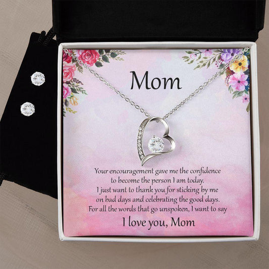 Gift for Mom Unspoken Words Forever Love Heart Pendant Necklace and Earring Set - Mallard Moon Gift Shop