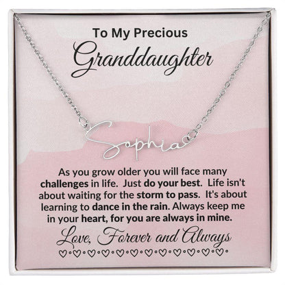 To My Precious Granddaughter Dance in the Rain Personalized Script Name Necklace - Mallard Moon Gift Shop