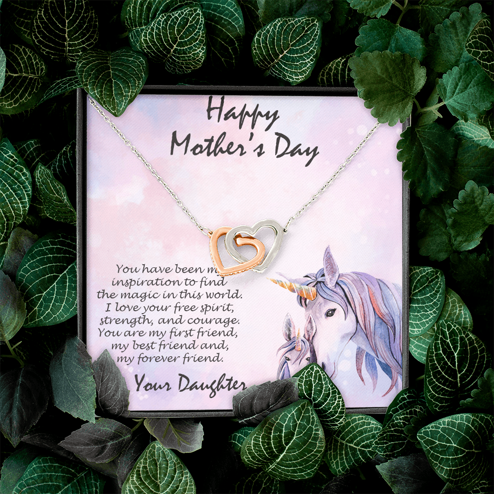 Mother's Day Gift from Daughter Gold and Silver Hearts Pendant Necklace on Unicorn Message Card - Mallard Moon Gift Shop