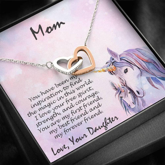 Gift for Mother from Daughter Gold and Silver Hearts Pendant Necklace on a Unicorn Message Card - Mallard Moon Gift Shop