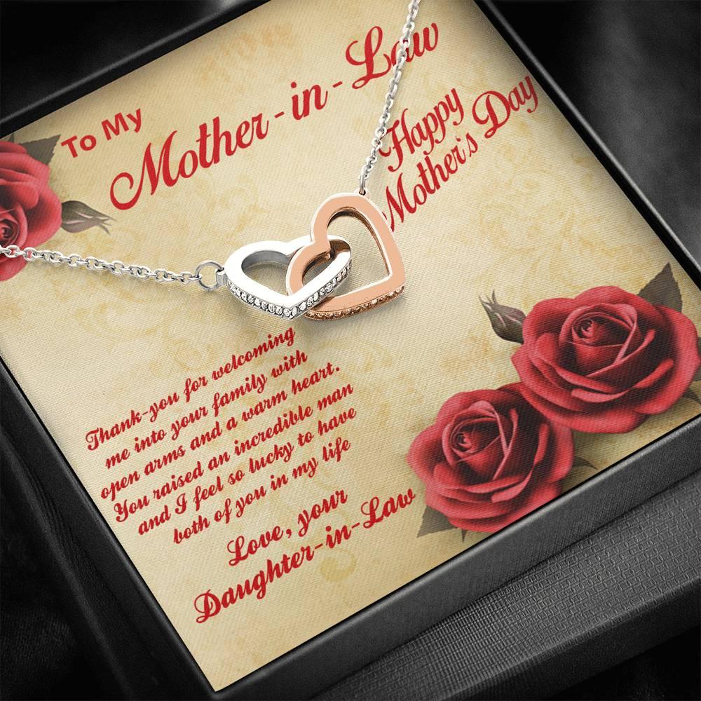 Mother's Day Gold and Silver Heart Necklace for Mother-in-Law from Daughter in Law with Message Card - Mallard Moon Gift Shop