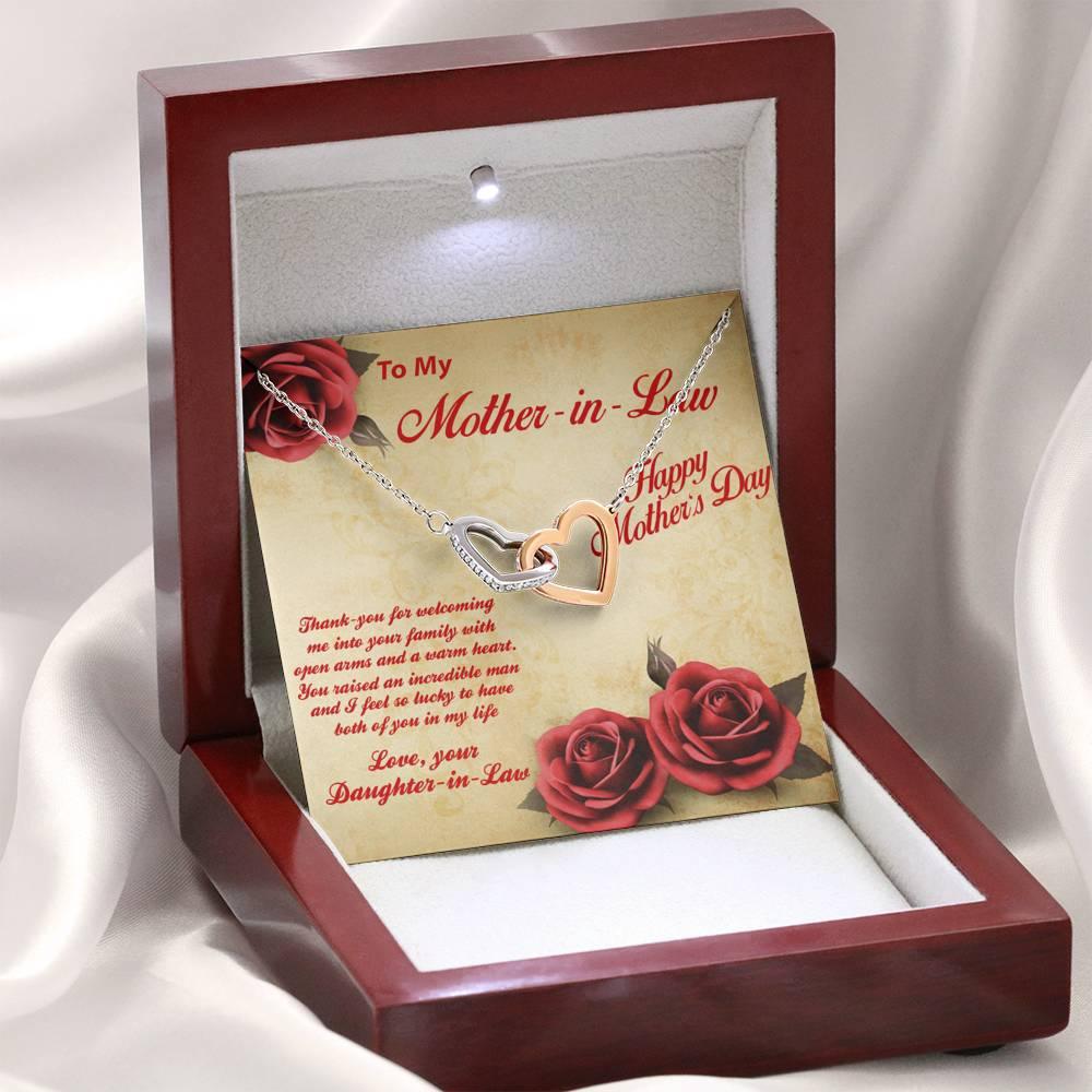 Mother's Day Gold and Silver Heart Necklace for Mother-in-Law from Daughter in Law with Message Card - Mallard Moon Gift Shop