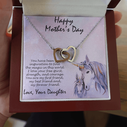 Mother's Day Gift from Daughter Gold and Silver Hearts Pendant Necklace on Unicorn Message Card - Mallard Moon Gift Shop