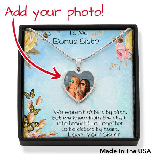 Bonus Sister Heart Photo Upload Pendant Necklace with Message Card Gift Box - Mallard Moon Gift Shop