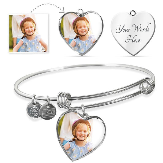 Engraved Photo Upload Heart Shaped Pendant Bangle Bracelet - Mallard Moon Gift Shop