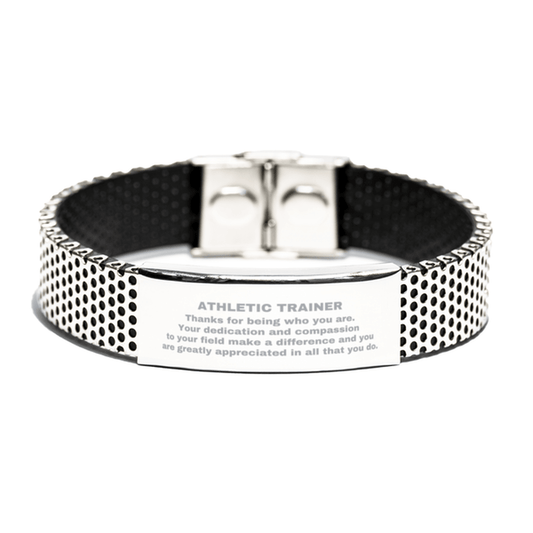 Athletic Trainer Silver Shark Mesh Stainless Steel Engraved Bracelet - Thanks for being who you are - Birthday Christmas Jewelry Gifts Coworkers Colleague Boss - Mallard Moon Gift Shop