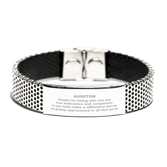 Auditor Silver Shark Mesh Stainless Steel Engraved Bracelet - Thanks for being who you are - Birthday Christmas Jewelry Gifts Coworkers Colleague Boss - Mallard Moon Gift Shop