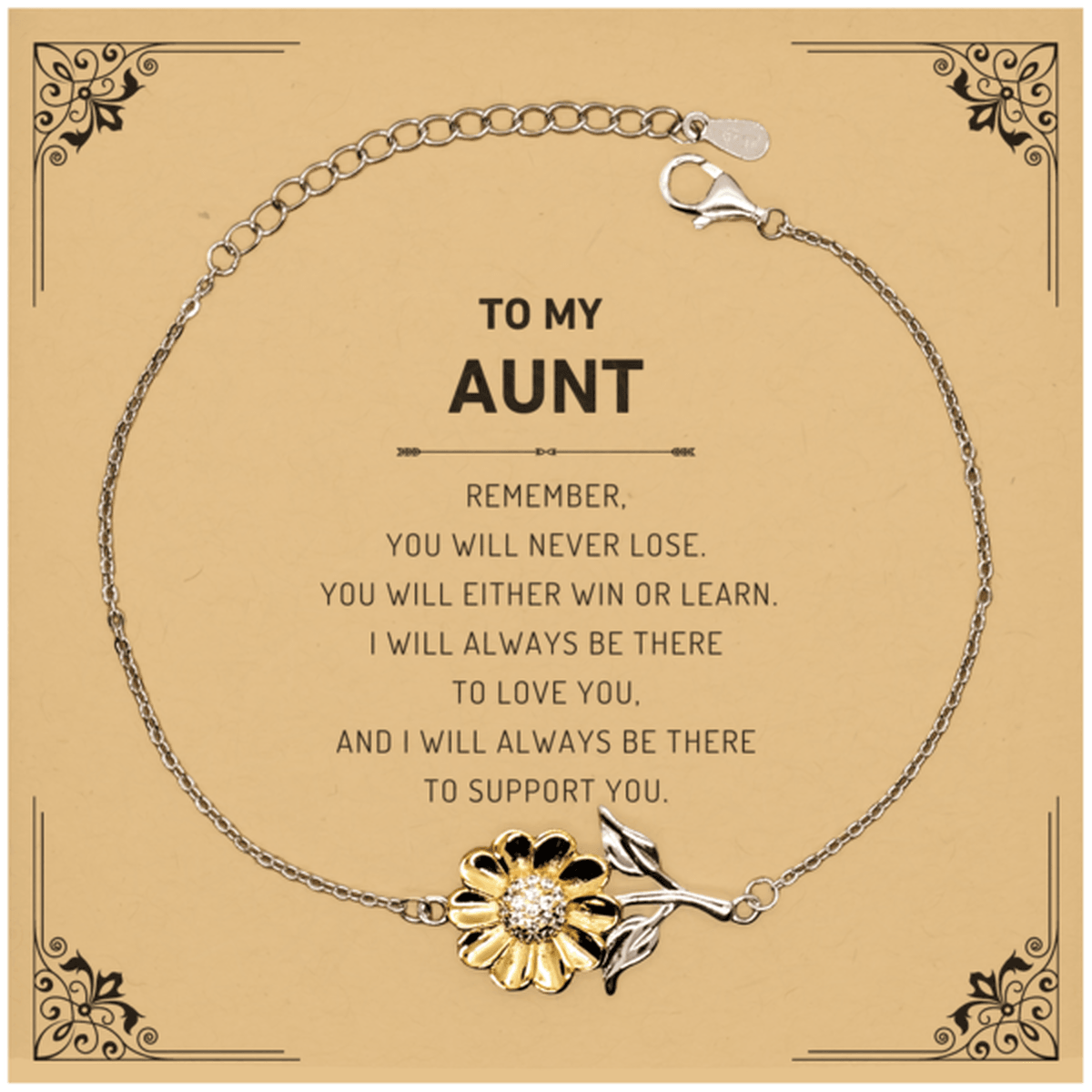 Aunt Gifts, To My Aunt Remember, you will never lose. You will either WIN or LEARN, Keepsake Sunflower Bracelet For Aunt Card, Birthday Christmas Gifts Ideas For Aunt X-mas Gifts - Mallard Moon Gift Shop