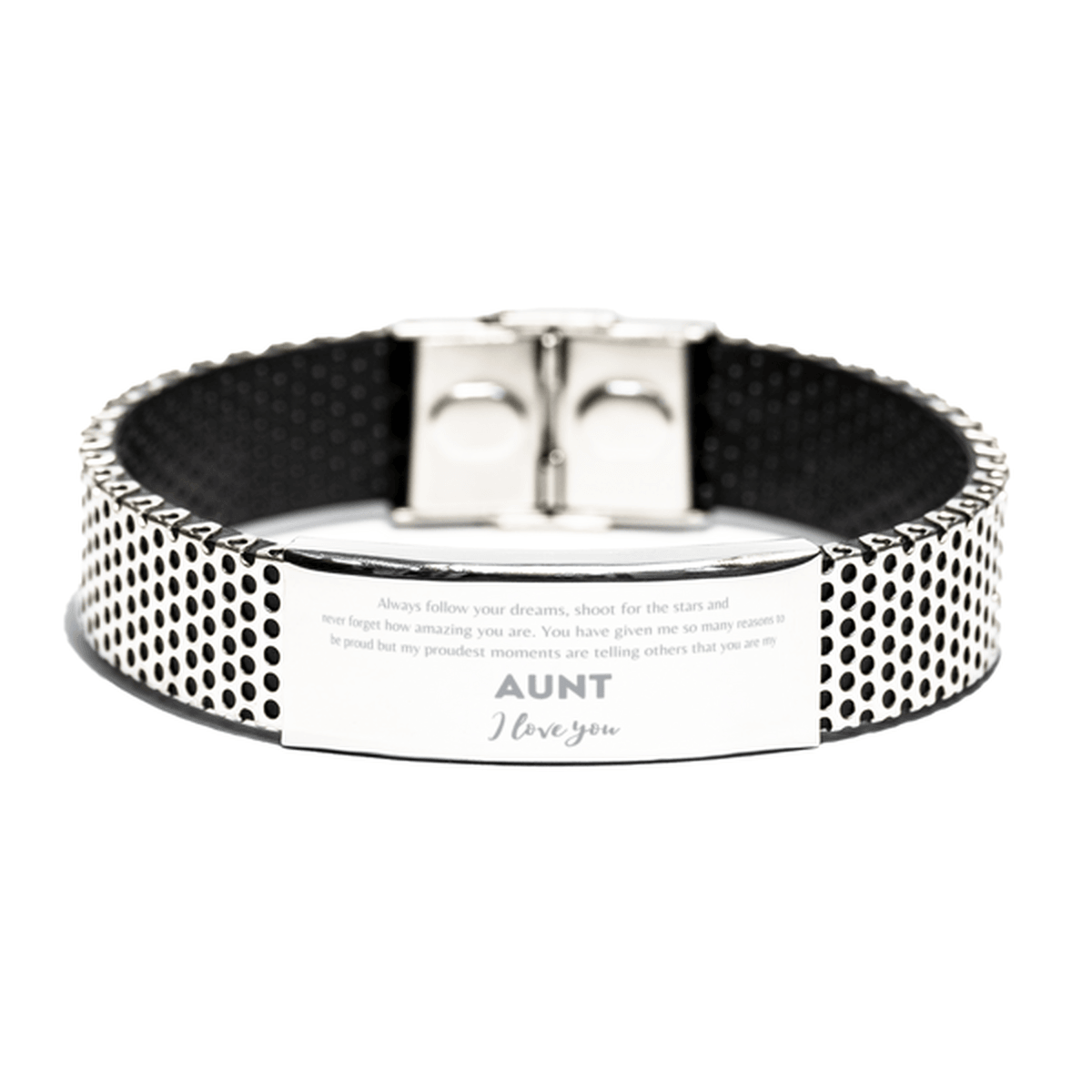 Aunt Silver Engraved Stainless Steel Bracelet - Always Follow your Dreams - Birthday, Christmas Holiday Jewelry Gift - Mallard Moon Gift Shop