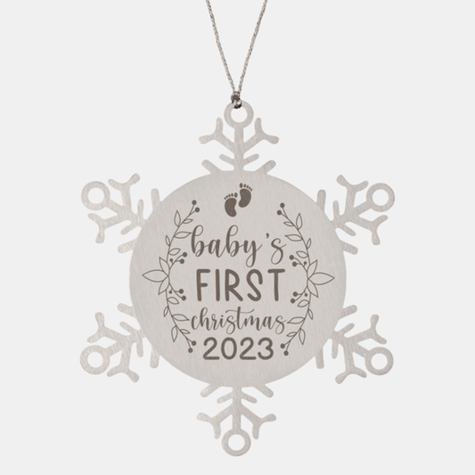 Baby's First Christmas Laser Etched Stainless Steel Snowflake Christmas Tree Ornament - Mallard Moon Gift Shop