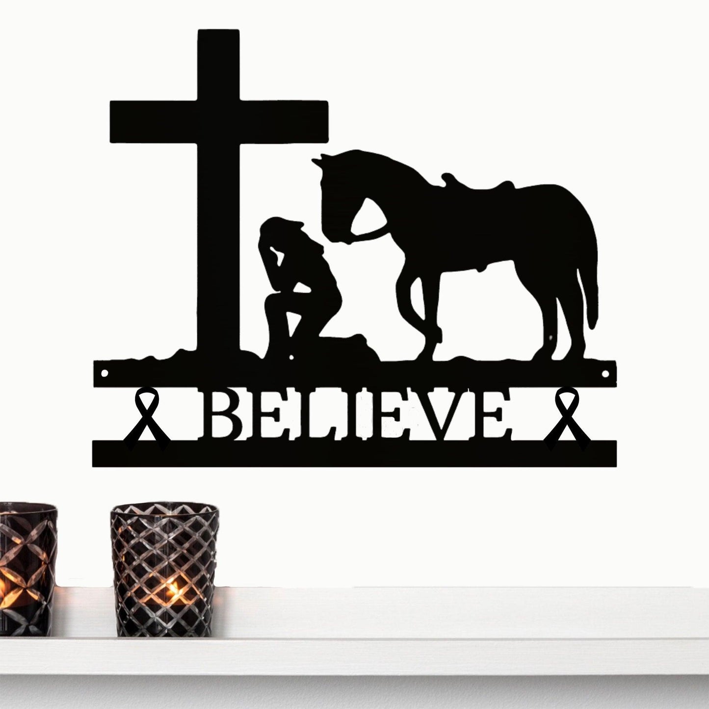 Cancer Ribbon Believe Cowgirl Kneeling at Cross  Metal Art - Mallard Moon Gift Shop