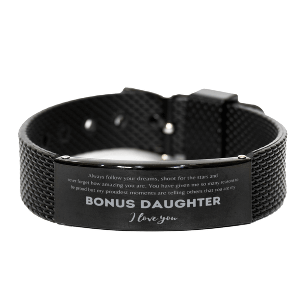 Bonus Daughter Black Shark Mesh Engraved Bracelet Always follow your dreams, never forget how amazing you are Birthday Christmas Gifts - Mallard Moon Gift Shop