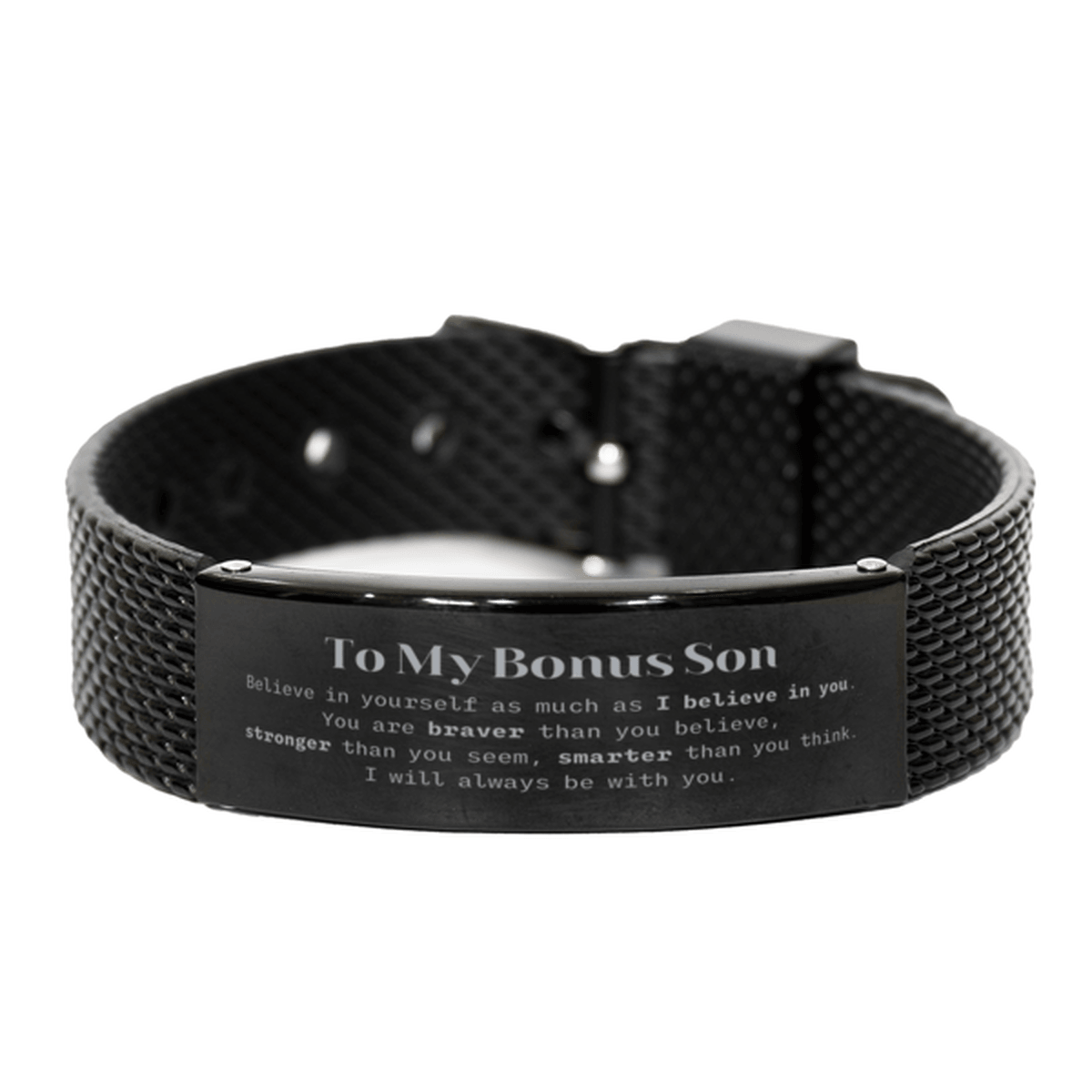 Bonus Son Black Shark Mesh Bracelet Gifts, To My Bonus Son You are braver than you believe, stronger than you seem, Inspirational Gifts For Bonus Son Engraved, Birthday, Christmas Gifts For Bonus Son Men Women - Mallard Moon Gift Shop