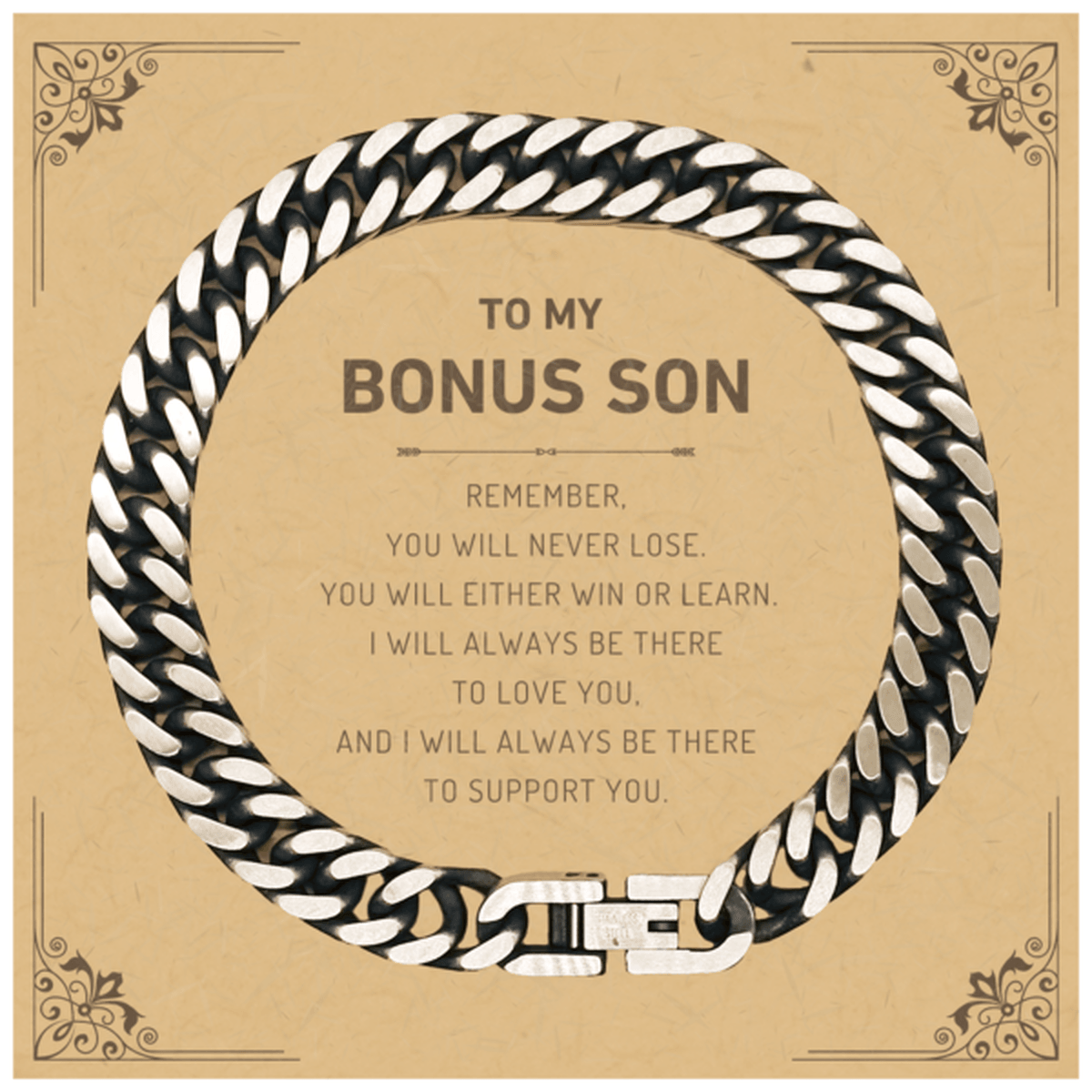 Bonus Son Gifts, To My Bonus Son Remember, you will never lose. You will either WIN or LEARN, Keepsake Cuban Link Chain Bracelet For Bonus Son Card, Birthday Christmas Gifts Ideas For Bonus Son X-mas Gifts - Mallard Moon Gift Shop